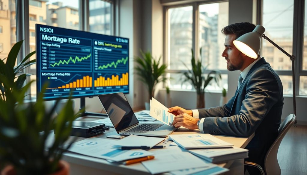 A bright and inviting office environment serves as the backdrop, filled with large windows letting in natural light. In the foreground, a professional wearing business attire is seated at a modern desk cluttered with financial documents, graphs comparing mortgage rates, and a laptop illuminated by the soft glow of a desk lamp. The middle ground features a large digital screen displaying fluctuating mortgage rates and charts, creating a sense of activity and engagement. Potted plants add a touch of warmth to the atmosphere. The scene conveys a meticulous and organized vibe, emphasizing the importance of research in the mortgage selection process. The camera angle is slightly elevated, focusing on the subject's engaged expression as they analyze the data, with a slight depth of field that blurs the background, enhancing the focus on the subject's task.