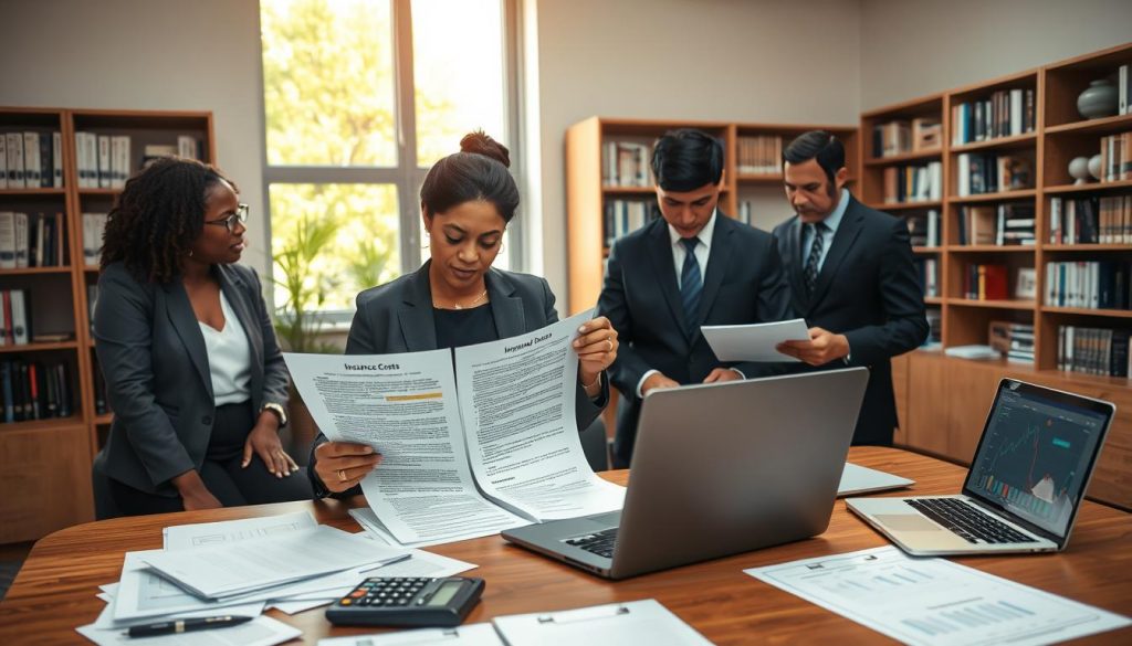 A calm, well-organized office setting focused on understanding insurance costs. In the foreground, a diverse group of professionals in smart business attire, including a middle-aged Black woman analyzing a detailed insurance policy document with highlighted sections, and a young Asian man taking notes on a laptop. In the middle ground, a large wooden desk cluttered with papers, a calculator, and an open laptop displaying charts related to insurance premiums. In the background, a large window with sunlight streaming in, casting a warm glow over the room, and bookshelves filled with financial literature. The atmosphere is collaborative and focused, conveying a sense of diligence and clarity as they navigate complex insurance information. Soft, natural lighting from the window creates a welcoming environment.