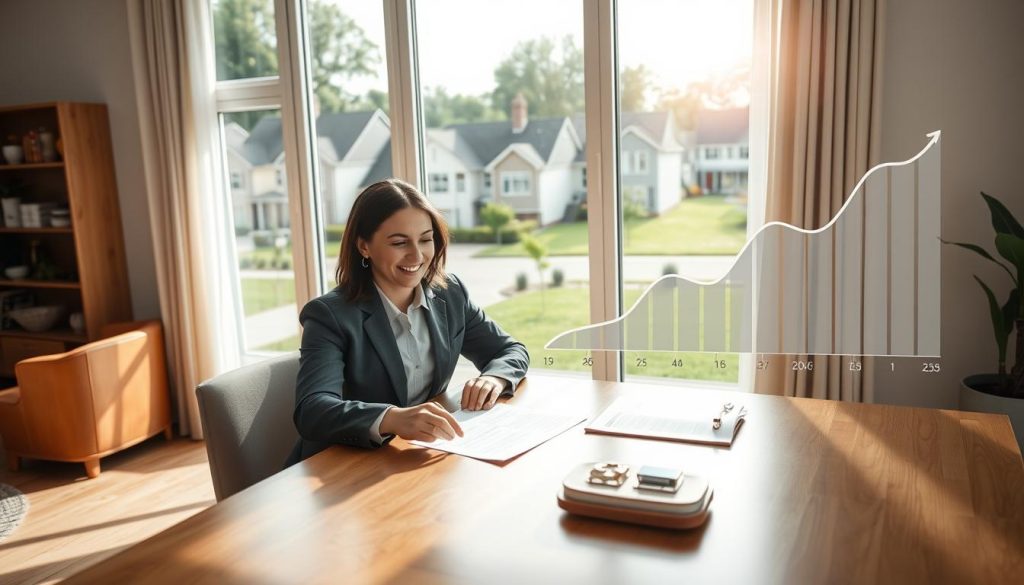 A comfortable, modern home interior showcasing the benefits of fixed-rate mortgages. In the foreground, a professional man and woman in business attire sit at a sleek wooden table, reviewing mortgage documents with smiles, symbolizing financial security. In the middle ground, a large window reveals a sunny suburban neighborhood with well-kept houses and green lawns, representing stability and peace of mind. In the background, a digital graph displaying stable interest rates is subtly integrated into the decor, illustrating the concept of fixed rates. Soft, natural lighting filters through the window, creating a warm and inviting atmosphere, with a focus on clarity and professionalism, shot at a slight angle to add depth to the scene. A comfortable, modern home interior showcasing the benefits of fixed-rate mortgages. In the foreground, a professional man and woman in business attire sit at a sleek wooden table, reviewing mortgage documents with smiles, symbolizing financial security. In the middle ground, a large window reveals a sunny suburban neighborhood with well-kept houses and green lawns, representing stability and peace of mind. In the background, a digital graph displaying stable interest rates is subtly integrated into the decor, illustrating the concept of fixed rates. Soft, natural lighting filters through the window, creating a warm and inviting atmosphere, with a focus on clarity and professionalism, shot at a slight angle to add depth to the scene.