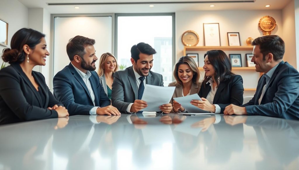 A modern office environment showcasing a diverse group of professional mortgage advisors in business attire, engaging with clients at a sleek conference table. In the foreground, two advisors are reviewing documents and discussing options with a couple, conveying warmth and trust. The middle section features large windows, allowing natural light to flood the room, enhancing the inviting atmosphere. In the background, shelves display awards and certifications highlighting the top-rated status of the company. Soft, ambient lighting contributes to a professional yet approachable mood. The camera angle is slightly elevated, focusing on the interaction while capturing the professionalism of the setting.