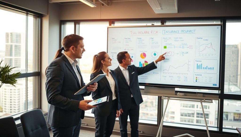 A modern office environment showcasing the insurance risk assessment process. In the foreground, a diverse group of two professional individuals dressed in business attire—one analyzing data on a tablet while the other points at a detailed chart on a digital screen. The middle section features a large whiteboard filled with colorful diagrams illustrating risk factors, policies, and premium calculations. The background shows a large window with natural light streaming in, highlighting a cityscape outside. Soft, warm lighting sets a productive and focused atmosphere, while the camera angle captures the scene dynamically from slightly above, emphasizing collaboration and analytical thinking. The overall mood is professional, informative, and engaging.
