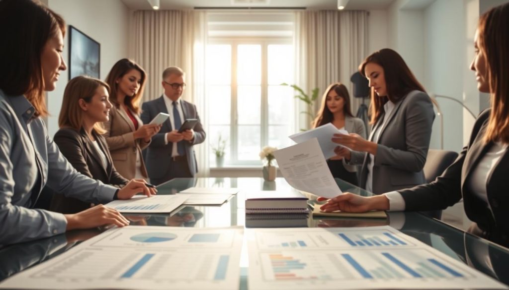 A modern office setting showcasing a comparison of fixed-rate mortgage lenders. In the foreground, a diverse group of professionals in business attire are engaged in discussion, reviewing documents and digital devices. The middle ground features a large, clear table with charts, graphs, and comparison sheets laid out, highlighting different mortgage options. In the background, a bright window with natural light streaming in, framed by contemporary decor, gives an inviting atmosphere. Soft shadows and warm lighting create a professional yet friendly mood. The scene is captured with a wide-angle lens to encompass the collaboration and the details of the mortgage comparison materials, emphasizing the process of finding the best mortgage options. A modern office setting showcasing a comparison of fixed-rate mortgage lenders. In the foreground, a diverse group of professionals in business attire are engaged in discussion, reviewing documents and digital devices. The middle ground features a large, clear table with charts, graphs, and comparison sheets laid out, highlighting different mortgage options. In the background, a bright window with natural light streaming in, framed by contemporary decor, gives an inviting atmosphere. Soft shadows and warm lighting create a professional yet friendly mood. The scene is captured with a wide-angle lens to encompass the collaboration and the details of the mortgage comparison materials, emphasizing the process of finding the best mortgage options.