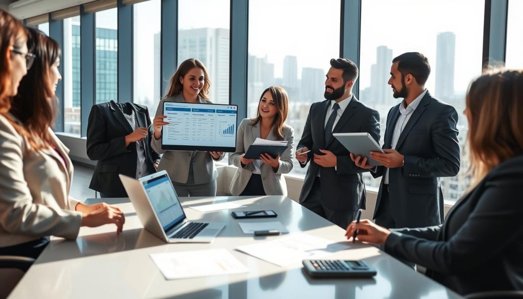 A modern office setting showcasing a professional, diverse group of individuals in business attire engaged in a discussion about personal loans. In the foreground, a confident woman points at a laptop screen displaying financial charts and loan options. Beside her, a man holds a tablet, nodding in agreement. The middle ground features a stylish conference table adorned with documents and a calculator. In the background, large windows let in bright, natural light, casting soft shadows, while a city skyline is visible outside, adding depth to the scene. The atmosphere is collaborative and focused, highlighting the importance of making informed financial decisions. The image should convey a sense of trust and professionalism in a sleek, contemporary environment.