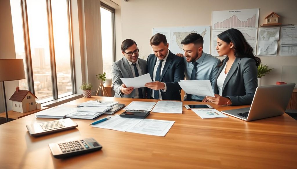 A modern office setting with a professional atmosphere, featuring a large wooden desk in the foreground, covered with mortgage loan paperwork, calculators, and a laptop. In the middle, a diverse group of three professionals in business attire—two men and one woman—are engaged in a serious discussion about mortgage loan requirements, pointing at documents. The background reveals a window with a view of a city skyline, bathed in warm, natural light suggesting a late afternoon. The room is adorned with house models and financial charts on the walls, reflecting a focus on real estate. The mood is collaborative and focused, emphasizing the importance of understanding mortgage loan criteria.