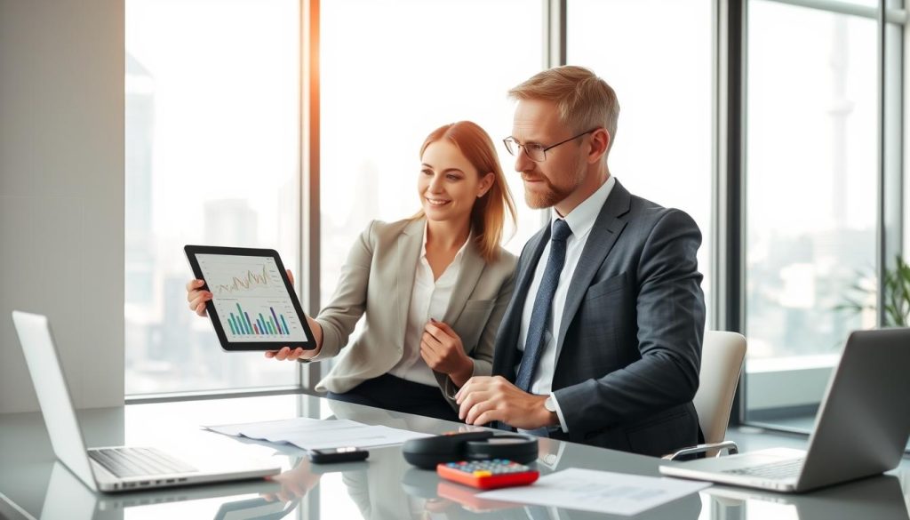 A professional, modern office setting depicting a financial advisor and a client engaged in a discussion about personal loans. In the foreground, the advisor, a woman in smart business attire, is pointing at a digital tablet showing graphs and financial data, while the client, a man in a tailored suit, looks thoughtfully at the screen. In the middle ground, a sleek desk with financial documents, a laptop, and a calculator is visible, emphasizing the assessment process. In the background, a window showcasing a city skyline lets in soft, natural light, creating a bright and welcoming atmosphere. The overall mood conveys professionalism, clarity, and a sense of trust as they navigate financial needs together, with a slight focus on collaboration and understanding.