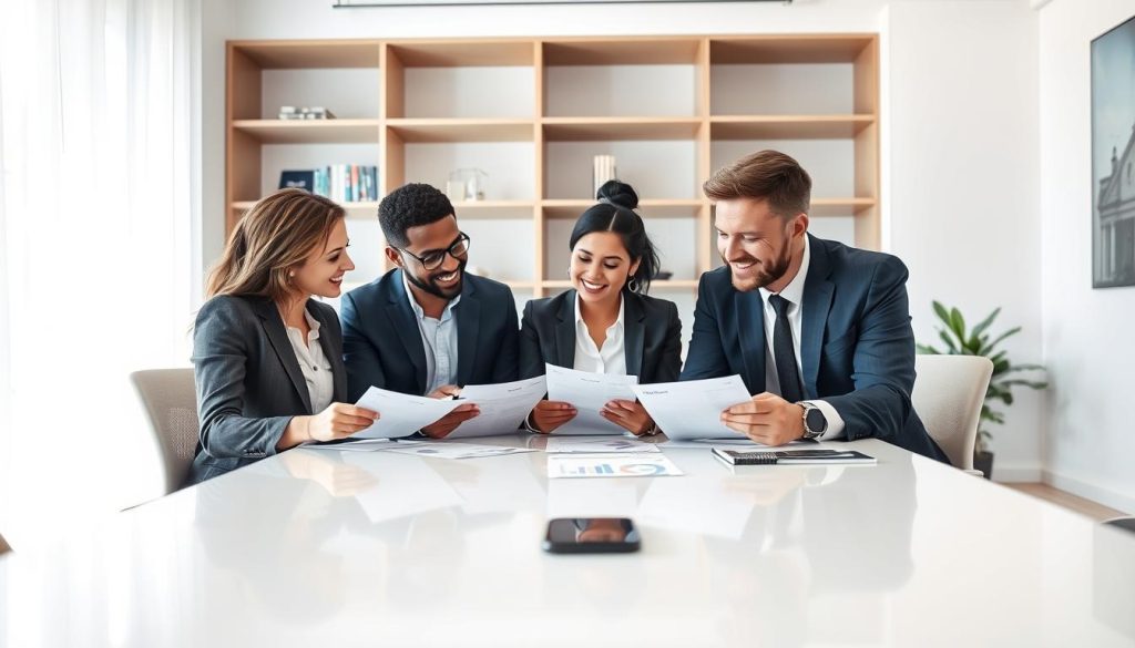A professional mortgage application process scene in a bright, modern office. In the foreground, a diverse couple, dressed in business casual attire, is seated at a sleek conference table, examining mortgage documents and discussing options with a friendly mortgage advisor, who is also in professional business attire. In the middle ground, a large window allows natural light to flood into the room, illuminating financial charts and materials on the table. The background features shelves with books about home buying and finance, adding to the educational atmosphere. The overall mood is focused and collaborative, conveying a sense of trust and professionalism. The image should be captured from a slight angle to emphasize the interaction among the individuals while showcasing the inviting office environment.