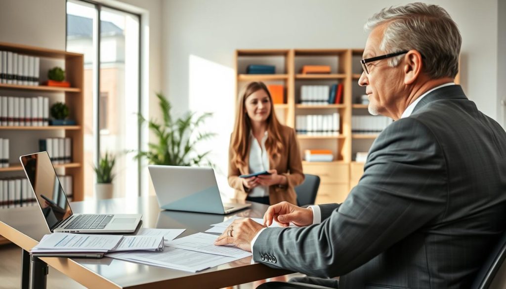 A professional mortgage broker in a well-lit office, seated at a modern desk covered with loan application papers and a laptop. In the foreground, the broker, a middle-aged person in a tailored business suit, is engaged in a discussion with a young couple, depicting the process of mortgage lending. The couple, dressed in smart casual attire, appears eager and attentive, with a laptop and a notepad in front of them. In the middle ground, shelves filled with finance books and a potted plant add warmth and professionalism. The background features a large window with soft natural light filtering in, creating a welcoming atmosphere. The overall mood is focused and reassuring, emphasizing trust in financial decisions related to home ownership. A professional mortgage broker in a well-lit office, seated at a modern desk covered with loan application papers and a laptop. In the foreground, the broker, a middle-aged person in a tailored business suit, is engaged in a discussion with a young couple, depicting the process of mortgage lending. The couple, dressed in smart casual attire, appears eager and attentive, with a laptop and a notepad in front of them. In the middle ground, shelves filled with finance books and a potted plant add warmth and professionalism. The background features a large window with soft natural light filtering in, creating a welcoming atmosphere. The overall mood is focused and reassuring, emphasizing trust in financial decisions related to home ownership.