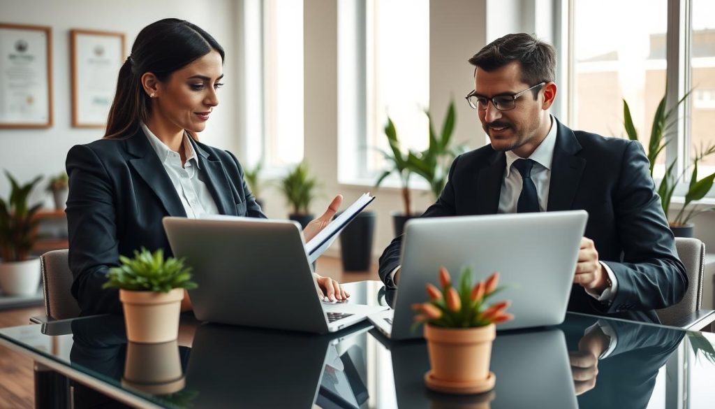 A professional mortgage broker's office scene, featuring two brokers in smart business attire consulting over a laptop at a sleek glass table. In the foreground, one broker gesturing thoughtfully with a folder in hand, while the other focuses on the laptop screen displaying mortgage rates. The middle ground showcases a modern office setting with potted plants and framed diplomas on the walls, creating an atmosphere of expertise and trust. The background features tall windows letting in soft natural light, casting gentle shadows and adding warmth to the scene. The overall mood is welcoming and professional, emphasizing collaboration and informed decision-making in securing home mortgages. A professional mortgage broker's office scene, featuring two brokers in smart business attire consulting over a laptop at a sleek glass table. In the foreground, one broker gesturing thoughtfully with a folder in hand, while the other focuses on the laptop screen displaying mortgage rates. The middle ground showcases a modern office setting with potted plants and framed diplomas on the walls, creating an atmosphere of expertise and trust. The background features tall windows letting in soft natural light, casting gentle shadows and adding warmth to the scene. The overall mood is welcoming and professional, emphasizing collaboration and informed decision-making in securing home mortgages.