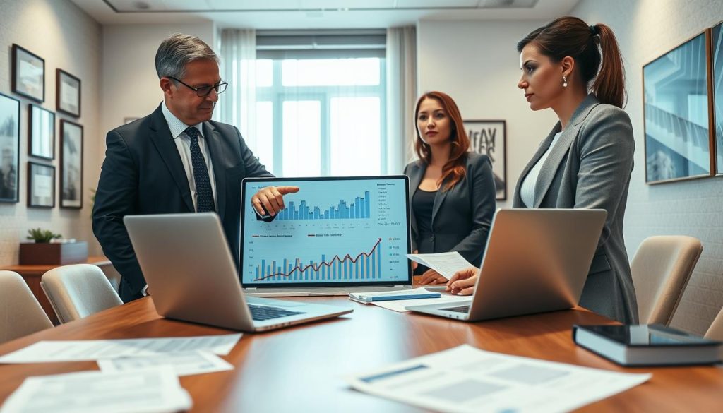 A sophisticated office environment with a wooden desk at the forefront, showcasing a laptop displaying mortgage rate graphs and charts. In the middle ground, a business professional in formal attire, a middle-aged man, is pointing at the screen, deep in discussion with a colleague, a woman in business casual clothing, who appears engaged and thoughtful. The background features a large window with soft natural light pouring in, illuminating the space and creating a warm, inviting atmosphere. The walls are adorned with financial certificates and modern art, suggesting a focus on professionalism and success. The overall mood is informative and collaborative, reflecting a serious discussion on mortgage rates and their implications. The camera angle is slightly above eye level, capturing the interactions and the documents scattered on the desk.