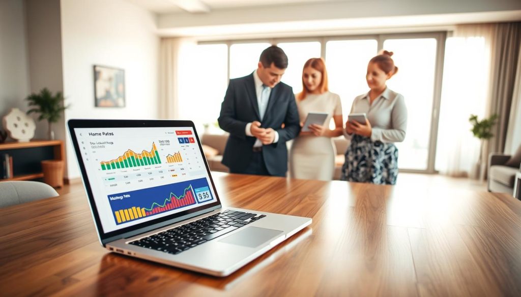 A visually engaging comparison of home loan rates displayed in a modern, professional setting. In the foreground, a sleek wooden table with a laptop opened to a financial dashboard, showing various mortgage rate comparisons in colorful graphs. To the right, a diverse group of three individuals—two in professional business attire (a man in a tailored suit and a woman in a chic dress) and one in modest casual attire (a woman in a smart blouse)—deeply discussing their options. The middle ground features a large window letting in warm natural light, enhancing the atmosphere of optimism and opportunity. In the background, a stylish living room hints at the comfort of a dream home. The mood is bright, informative, and supportive, inviting viewers to feel empowered in their mortgage decisions. A visually engaging comparison of home loan rates displayed in a modern, professional setting. In the foreground, a sleek wooden table with a laptop opened to a financial dashboard, showing various mortgage rate comparisons in colorful graphs. To the right, a diverse group of three individuals—two in professional business attire (a man in a tailored suit and a woman in a chic dress) and one in modest casual attire (a woman in a smart blouse)—deeply discussing their options. The middle ground features a large window letting in warm natural light, enhancing the atmosphere of optimism and opportunity. In the background, a stylish living room hints at the comfort of a dream home. The mood is bright, informative, and supportive, inviting viewers to feel empowered in their mortgage decisions.