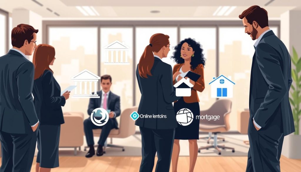 A visually engaging illustration depicting various types of mortgage lenders in a professional setting. In the foreground, show a diverse group of mortgage professionals in business attire, engaging in discussions or reviewing documents. In the middle ground, incorporate visual representations of different lender types such as banks, credit unions, online lenders, and mortgage brokers, symbolized by distinct logos or icons. The background should feature an office environment with modern furnishings and large windows letting in natural light, creating a warm and inviting atmosphere. Capture the scene with a slightly elevated angle, focusing on the interactions between the professionals and the lender representations. Use soft, balanced lighting to evoke a sense of professionalism and trust.