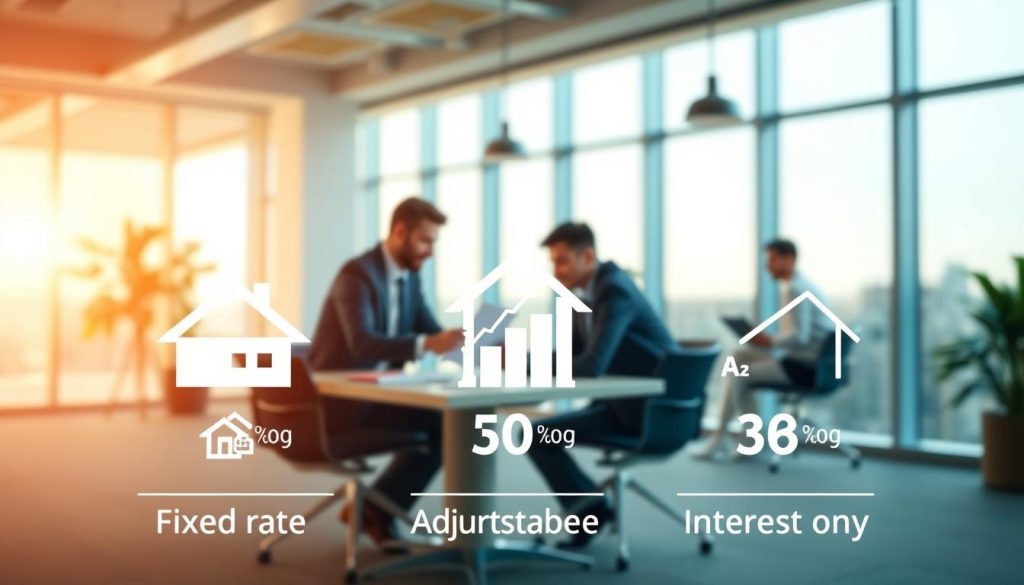 A visually engaging infographic illustrating a comparison of different mortgage rates. In the foreground, display three distinct mortgage types: fixed-rate, adjustable-rate, and interest-only, represented by stylized icons or graphs that show their varying rates. The middle layer should depict a professional business setting, with people in business attire analyzing documents and discussing mortgage options around a conference table, reflecting focus and collaboration. The background should feature a serene office environment with large windows allowing natural light to filter in, creating an inviting atmosphere. Use warm, professional lighting to enhance the mood, with a slight depth of field to keep the focus on the comparison elements while maintaining a clear view of the engaging office scene.