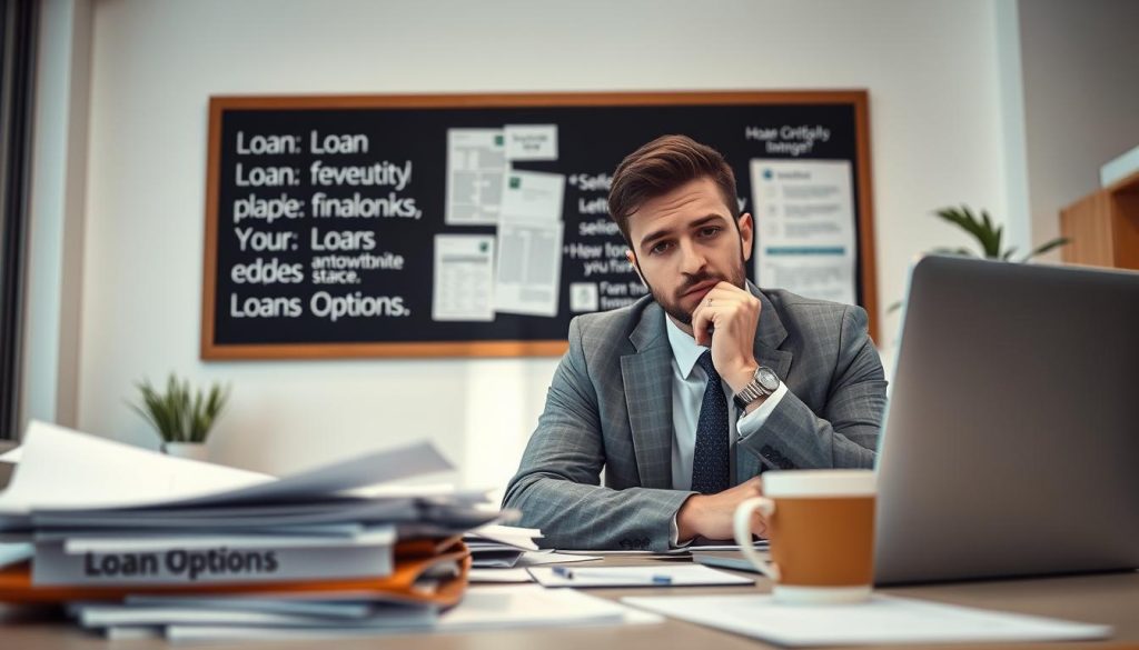 A well-lit office setting as the backdrop, with soft natural light filtering through a large window. In the foreground, a professional-looking individual in business attire, appearing thoughtful and determined, sits at a desk cluttered with paperwork and a laptop. The middle ground features folders labeled 'Loan Options' and a coffee cup, symbolizing an intense review of personal finance. In the background, a bulletin board displays motivational quotes and financial tips. The atmosphere should be focused yet hopeful, conveying a sense of reliability and opportunity amidst challenges. The angle should be slightly above eye level, providing a clear view of both the subject and their workspace, enhancing the mood of determination and professionalism.